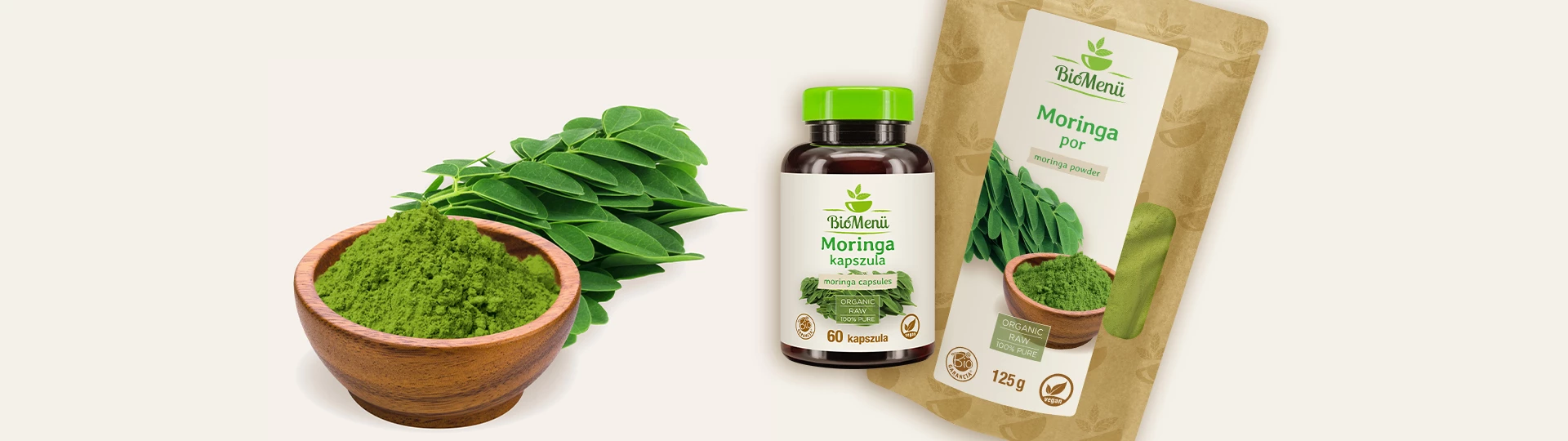 Moringa je superpotravina, která poskytuje vitamínový komplex více než 90 důležitých vitamínů, minerálů a dalších živin
