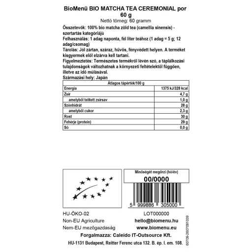 BioMenü bio Matcha Čaj Ceremoniální prášek 60 g datový štítek