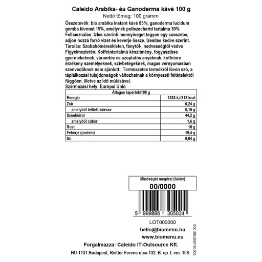 Caleido Arabica a Ganoderma Káva 100 g datový štítek