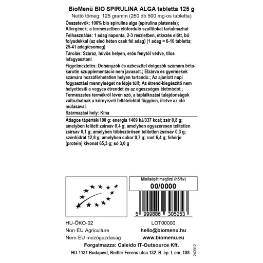 BioMenü bio Spirulina tablety 125 g datový štítek