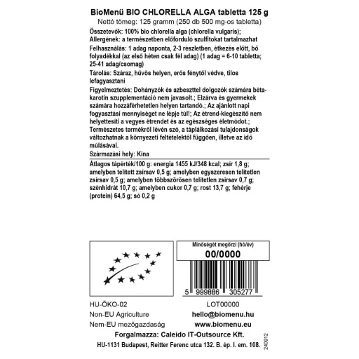 BioMenü bio Chlorella tablety 125 g datový štítek