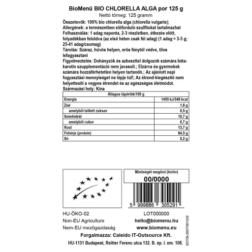 BioMenü bio Chlorella prášek 125 g datový štítek