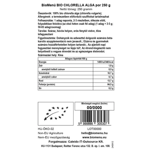 BioMenü bio Chlorella prášek 250 g datový štítek