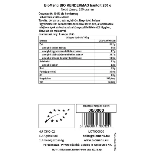 BioMenü bio Konopné Semínko loupané 250 g datový štítek