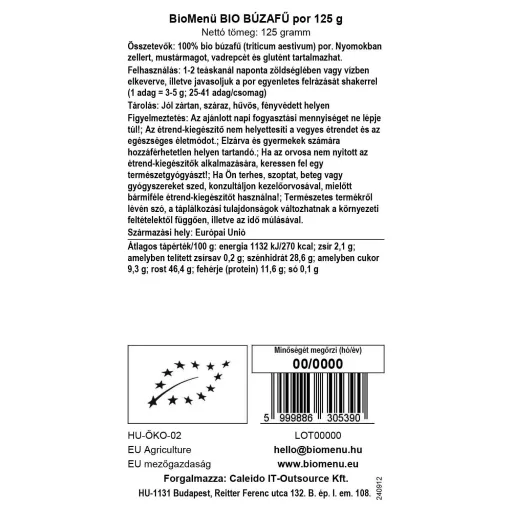 BioMenü bio Pšeničná Tráva prášek 125 g datový štítek