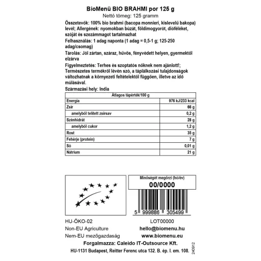 BioMenü bio Brahmi prášek 125 g datový štítek