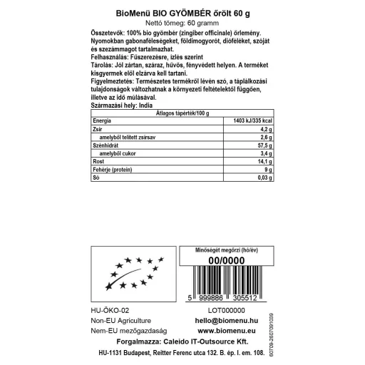 BioMenü Bio ZÁZVOR mletý 60 g datový štítek