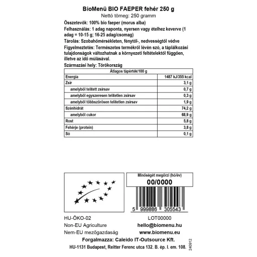 BioMenü bio Moruše Bílá 250 g datový štítek