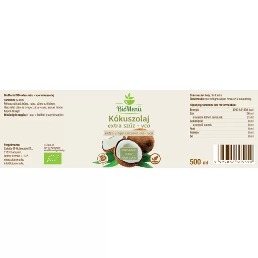 BioMenü bio Kokosový Olej extra panenský vco 500 ml označení