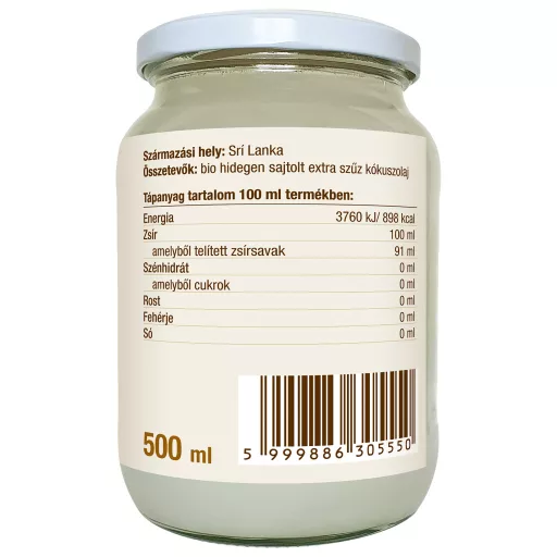 BioMenü bio Kokosový Olej extra panenský vco 500 ml datový štítek