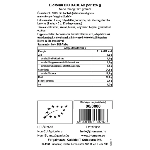BioMenü bio Baobab prášek 125 g datový štítek