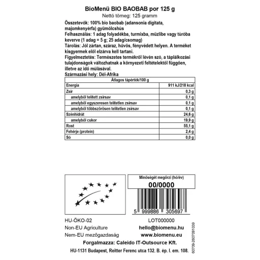 BioMenü bio Baobab prášek 125 g datový štítek