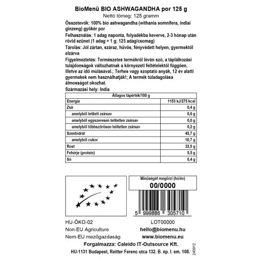 BioMenü bio Ashwagandha prášek 125 g datový štítek