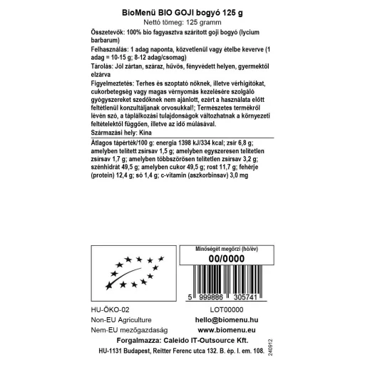 BioMenü bio Goji Bobule sušené 125 g datový štítek