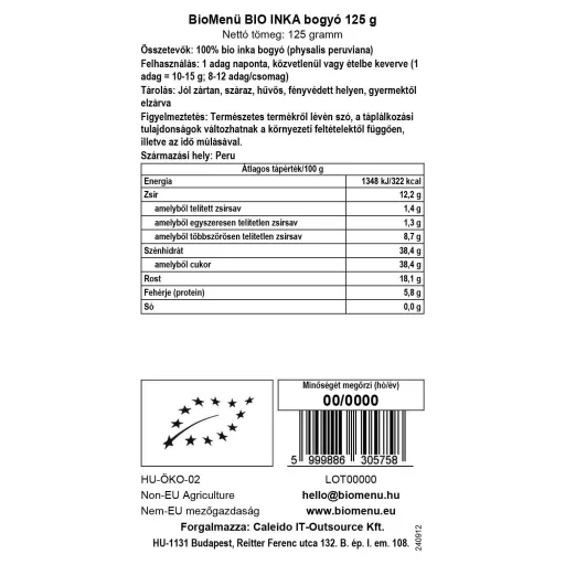 BioMenü BIO INKA bogyó 125 g adatcímke