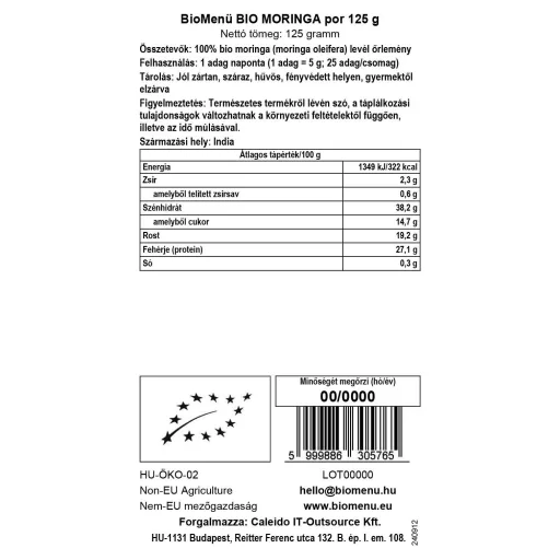 BioMenü bio Moringa prášek 125 g datový štítek