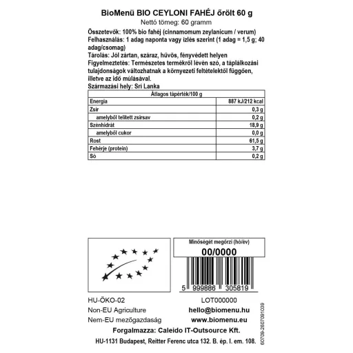 BioMenü bio Cejlonská Skořice mletá 60 g datový štítek
