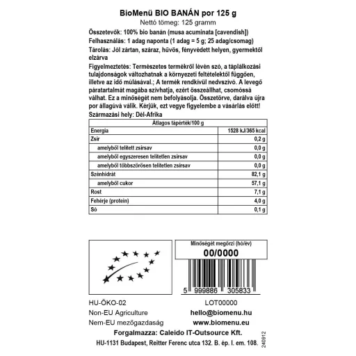 BioMenü bio Banánový prášek 125 g datový štítek