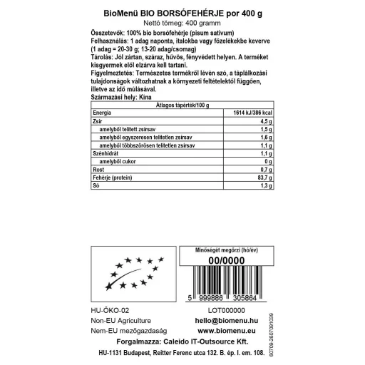 BioMenü bio Hrachový Proteinový prášek 400 g datový štítek