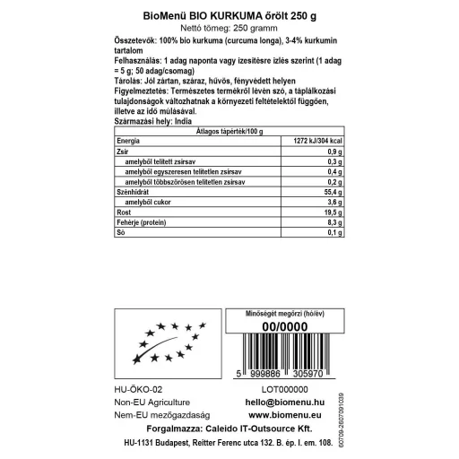 BioMenü bio Kurkuma mletá 250 g datový štítek