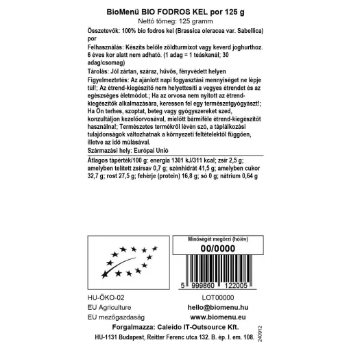 BioMenü bio Kadeřavá Kapusta prášek 125 g datový štítek