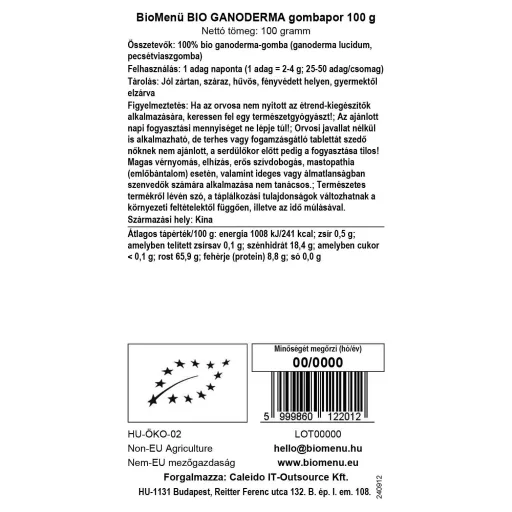 BioMenü bio Ganoderma Houbový prášek 100 g datový štítek
