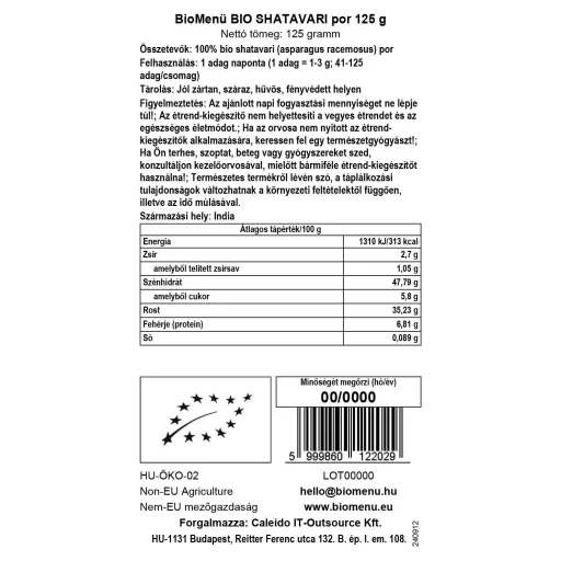 BioMenü bio Šatavari prášek 125 g datový štítek