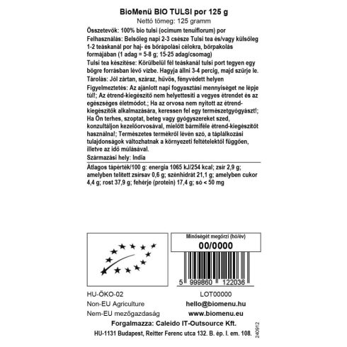 BioMenü bio Tulsi prášek 125 g datový štítek