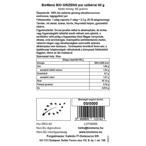 BioMenü bio Ženšen Sibiřský prášek 60 g datový štítek