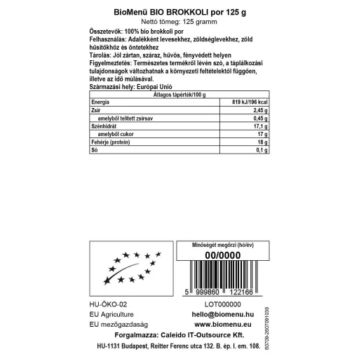 BioMenü bio Brokolicový prášek 125 g datový štítek