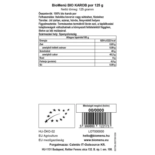 BioMenü bio Karob prášek 125 g datový štítek
