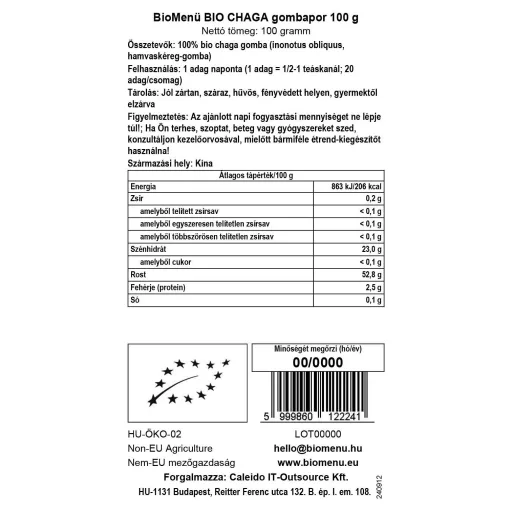 BioMenü bio Chaga Houbový prášek 100 g datový štítek