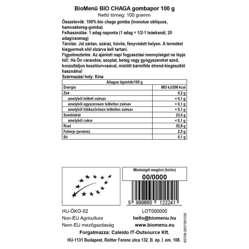 BioMenü bio Chaga Houbový prášek 100 g datový štítek