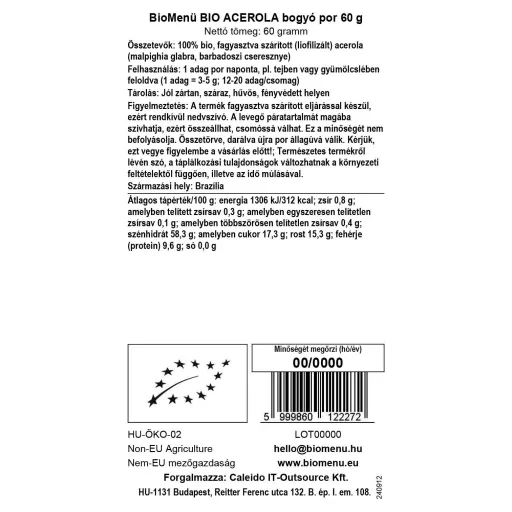 BioMenü bio Acerola Bobule prášek 60 g datový štítek