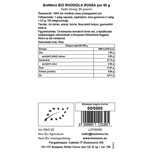 BioMenü bio Rhodiola Rosea prášek 60 g datový štítek