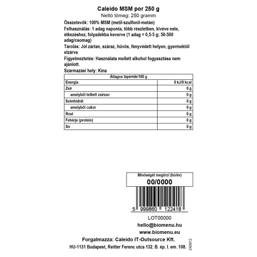 Caleido MSM prášek 250 g datový štítek
