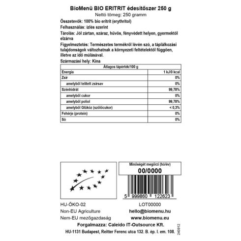 BioMenü bio Erythritol Sladidlo 250 g datový štítek