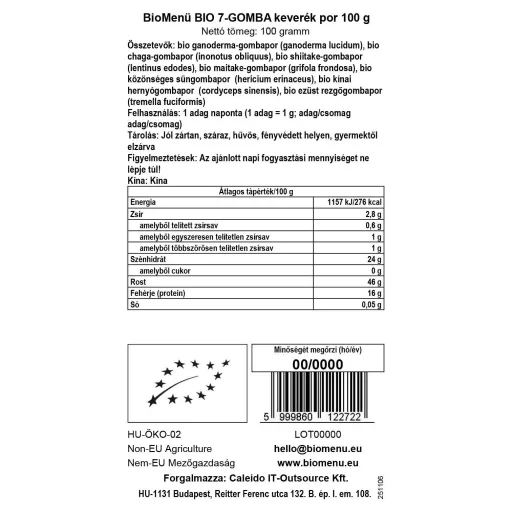 BioMenü bio 7-Houbová Směs prášek 100 g datový štítek