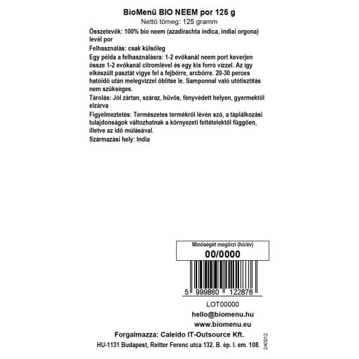 BioMenü bio Neem prášek 125 g datový štítek