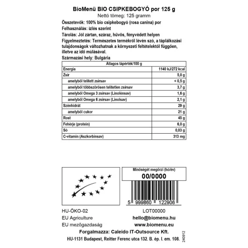 BioMenü bio Šípkový prášek 125 g datový štítek