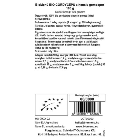 BioMenü Bio Cordyceps sinensis Houbový prášek 100 g datový štítek