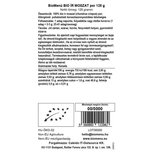 BioMenü bio Irská Mořská Řasa prášek 125 g datový štítek