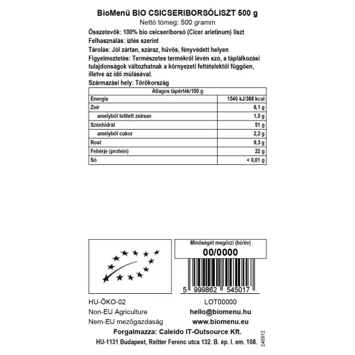 BioMenü Bio Cizrnová mouka 500 g datový štítek