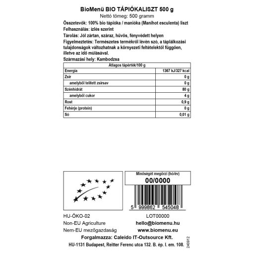 BioMenü Bio Tapioková mouka 500 g datový štítek