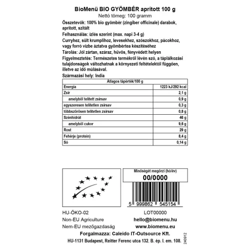 BioMenü Bio Zázvor nasekaný 100 g datový štítek