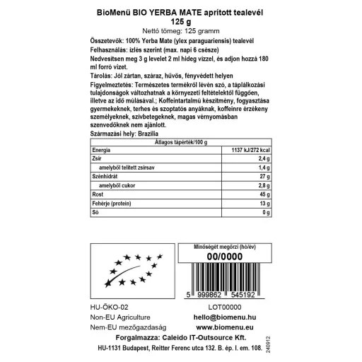 BioMenü Bio Yerba Maté řezané čajové lístky 125 g datový štítek