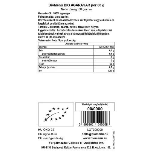 BioMenü Bio Agar-agar prášek 60 g datový štítek