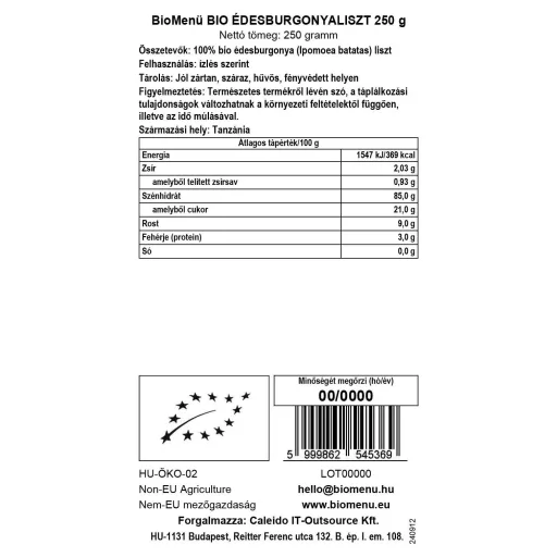 BioMenü Bio mouka ze Sladkých Brambor 250 g datový štítek