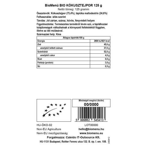 BioMenü Bio Kokosové Mléko prášek 125 g datový štítek