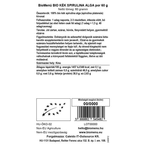 BioMenü BIO KÉK SPIRULINA ALGA por 60 g KÖZEL A LEJÁRAT DÁTUMÁHOZ